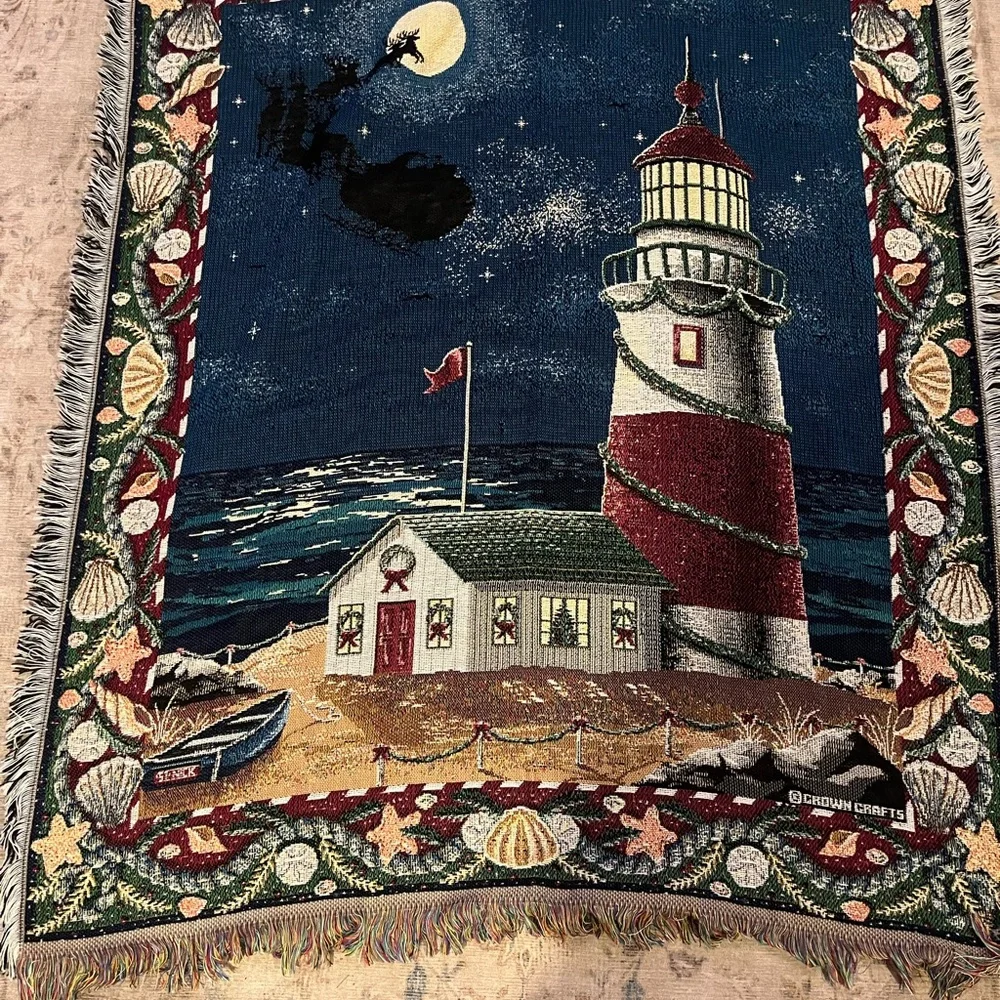 Crown Crafts Tapestry Throw Blanket Christmas St. Nick Lighthouse Sleigh